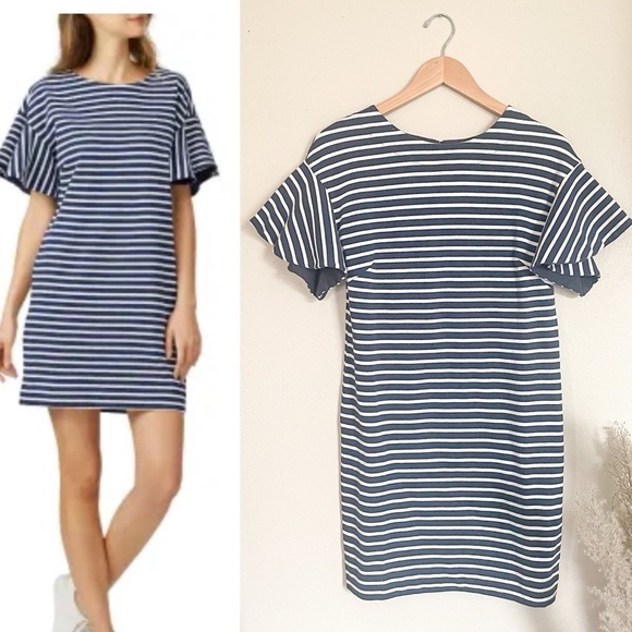 KINLY Striped Flutter Sleeve Nautical Cotton Dress - Picture 1 of 11